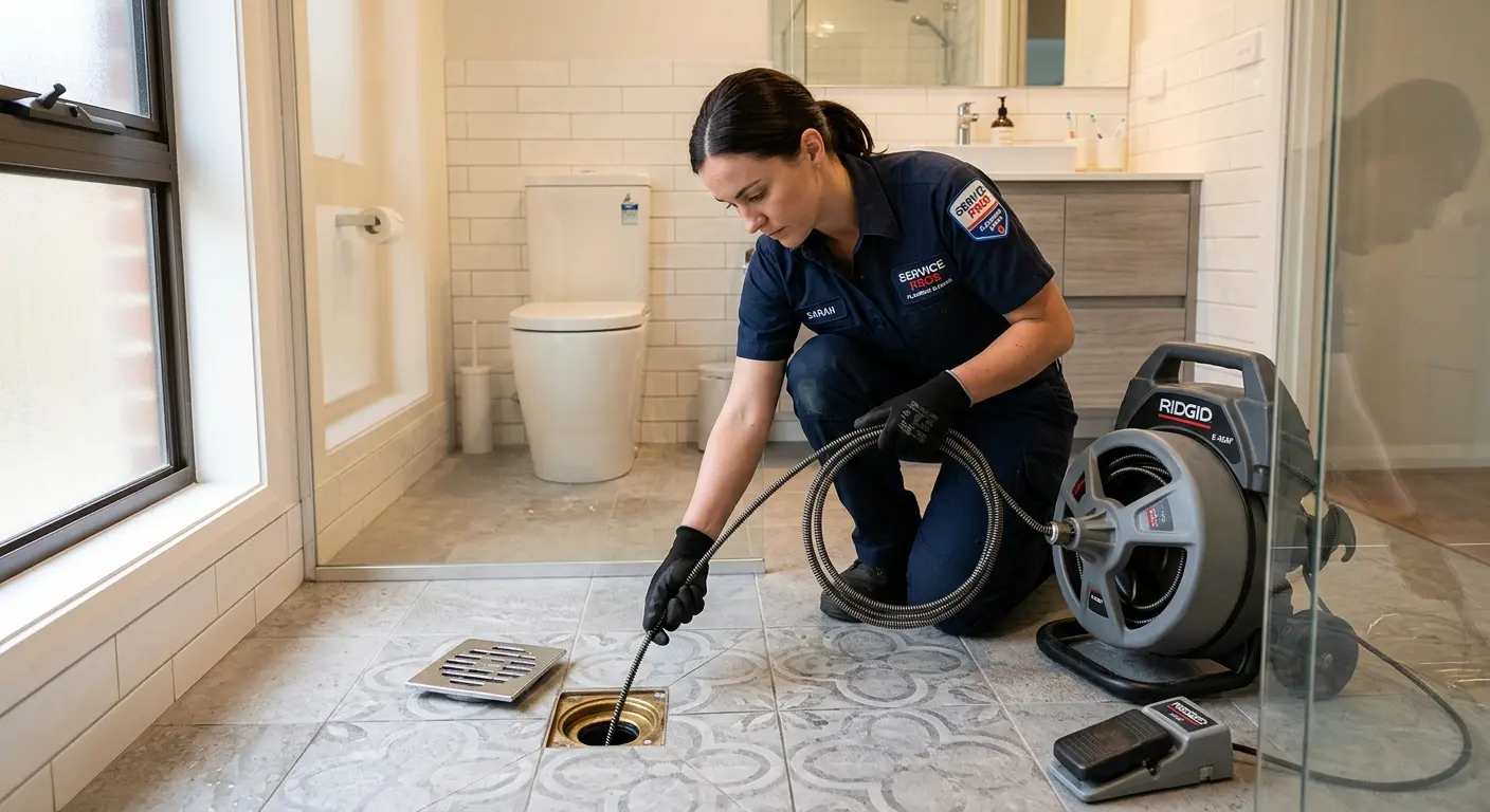 Technician clearing a bathroom floor drain for Drain Repair in Upper Saddle River
